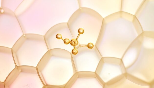 3d epidermis skin layer with hexagon cell pattern and molecule. Gold liquid honeycomb texture with cosmetic oil drop, collagen serum, retinol vitamin, hyaluron essence for moisture. 3D illustration