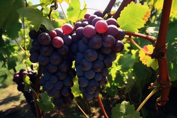 Fototapeta premium Clusters of dark red grapes ripening on a sunlit vineyard vine