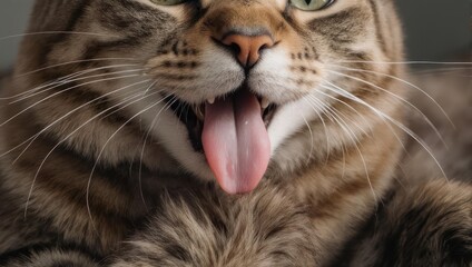 Funny tabby cat with tongue out close-up portrait.