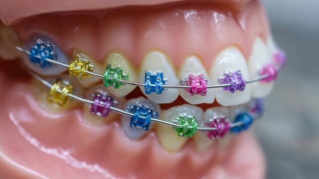 39Macro shot of a dental teaching model with multicolor braces, vibrant elastic bands wrapped around metallic brackets, highlighting tooth structure and orthodontic mechanics