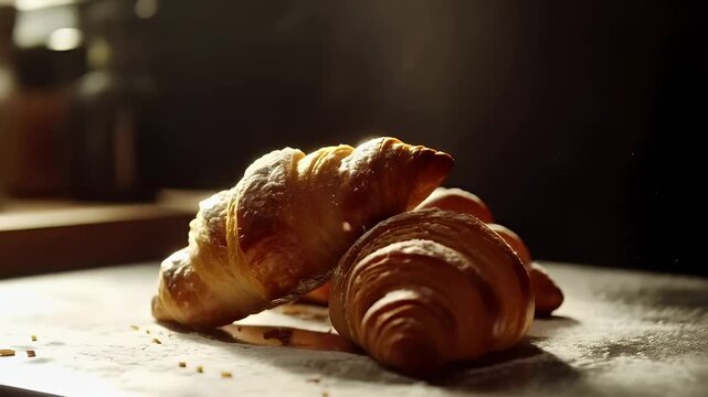 Paris, France, Europe. croissants with powdered sugar on top, set against a dark background with a hint of smoke or steam rising from the top left corner.