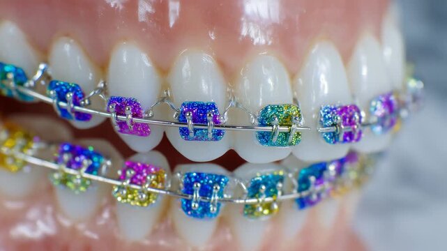 40Extreme close-up of vividly colored brace elastics on a dental model, stainless steel wires glimmering under clean white lighting, showcasing the intricacy of orthodontic treatment