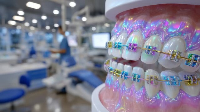 41Detailed dental model with rainbow-colored metal braces, high-resolution focus on tooth texture, bracket placement, and archwire tension, set against a modern orthodontic clinic ba