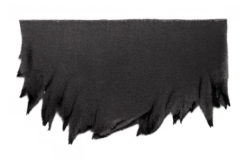 Black torn fabric banner with ragged edges, displaying weathered textile texture on an isolated transparent background