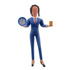 Businesswoman Holding Clock and Stack of Coins 3d illustration