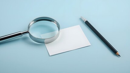 Magnifying Analysis: A magnifying glass hovers over a blank note card, accompanied by a pencil. This setup, set against a smooth surface, embodies the process of investigation and attention to detail.
