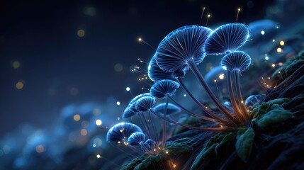 Obraz premium Luminous Mushrooms in the Dark: A mesmerizing display of bioluminescent mushrooms illuminates a dark forest floor, their ethereal glow creating a magical and surreal atmosphere.