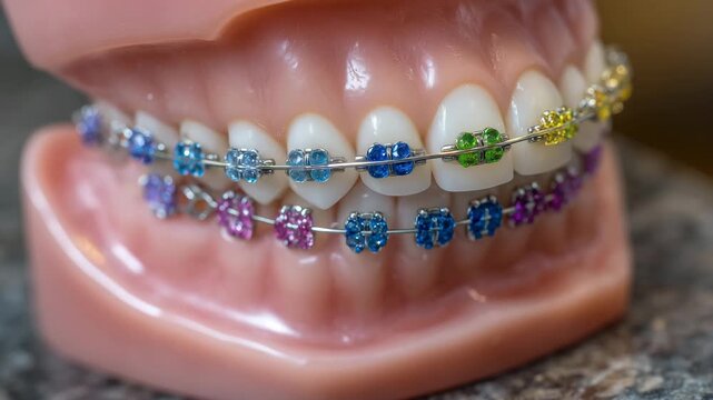 47Educational dental model with colorful braces arranged neatly on aligned teeth, metallic components shining sharply, highlighting orthodontic alignment techniques in photorealistic