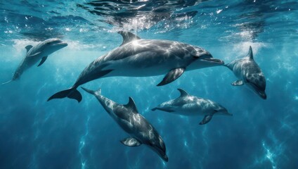 Fototapeta premium Dolphins swimming in clear blue ocean water, playful marine life.