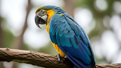 Obraz premium Close Up Portrait of Blue and Yellow Macaw Parrot on Branch