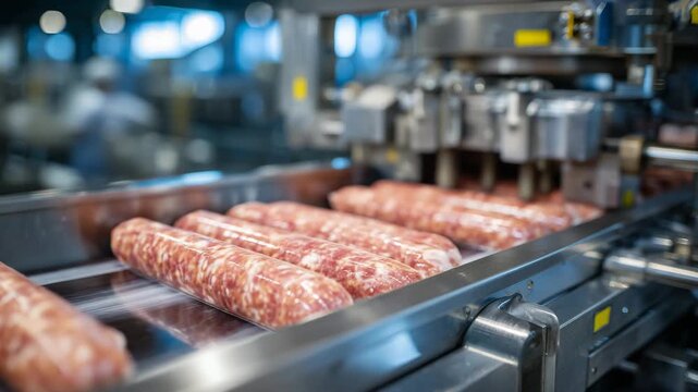 49Close-up view of fresh sausages emerging from a stainless-steel filling machine, their glossy surfaces reflecting the bright, sterile factory lights in a modern food production fac