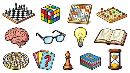 Collection of puzzle and strategy game icons, brain teaser illustrations, and intellectual challenge symbols displayed together