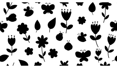 Children’s floral seamless pattern with insects leaves and flowers on light grey © Najmul
