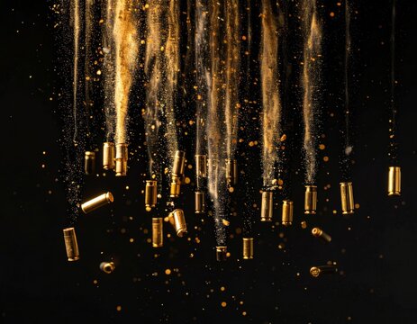Golden Bullet Shells Falling with Glitter Against Dark Background
