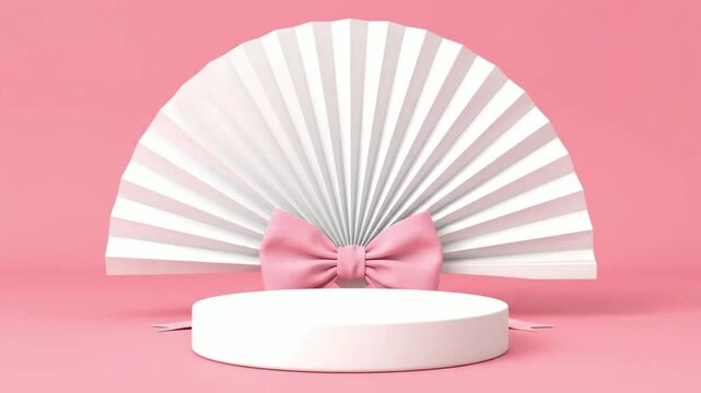 a white fan with a pink bow on a round pedestal in a pink room . use as multipurpose tittle intro, background. product mockup. motion graphics background