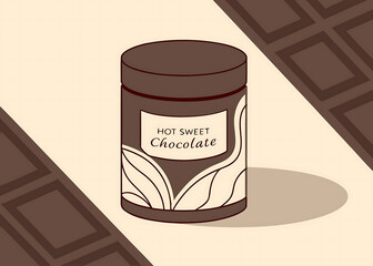 Luxury Dark Brown Glass Jar vector with Gold Leaf Pattern Label in Chocolate Themed and Premium Product Presentation on chocolate bar background.