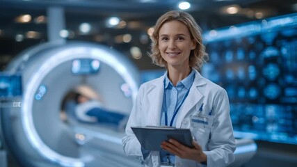 78Radiographer nurse standing beside the MRI machine reviewing digital imaging screens while patient rests inside the scanner, futuristic medical atmosphere with glowing interfaces - Powered by Adobe