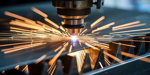 Industrial laser cutting machine in action with bright sparks and metal sheet