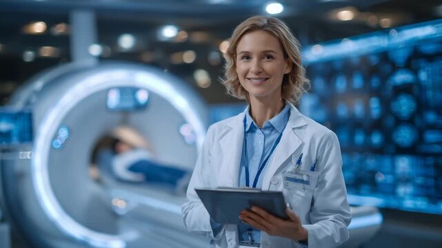 78Radiographer nurse standing beside the MRI machine reviewing digital imaging screens while patient rests inside the scanner, futuristic medical atmosphere with glowing interfaces