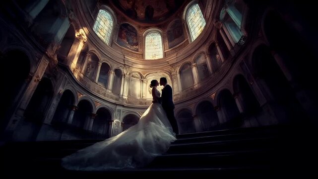 Paris, France, Europe. A wedding photograph featuring a bride and groom in a grand, ornate interior of a historic building. The bride is dressed in a flowing white gown with intricate detailing.