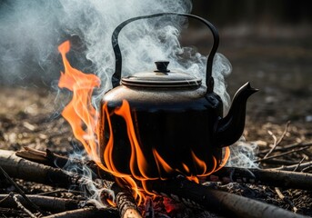 A vintage black kettle is placed over a campfire, with flames and smoke rising around it, creating a rustic outdoor cooking scene