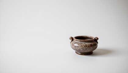A single clay pot placed against a plain, neutral background. The vase has intricate patterns and appears to be of some significance or craftsmanship due to its design and texture
