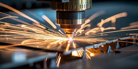 Precision laser cutting in action sparks flying from metal fabrication process
