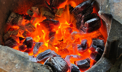 Hot charcoal fire in a hot stove