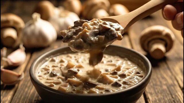 Wooden spoon lifting creamy mushroom soup from ceramic bowl on rustic wooden table with garlic and fresh mushrooms