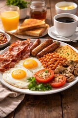 Classic full English breakfast served on a white plate featuring fried eggs, bacon, sausages, baked beans, tomatoes, mushrooms, and hash brown, with toast, coffee, and orange juice in the background. 