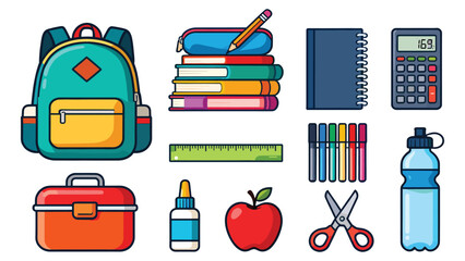 Assorted school supplies including backpack, books, calculator, notebook, colored pencils, ruler, lunchbox, glue, apple, scissors, and water bottle neatly arranged on a plain white background