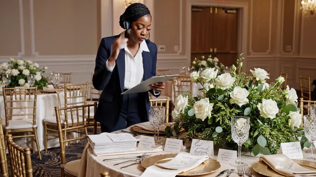 Wedding Planner Arranging Place Cards on Table at Reception Venue