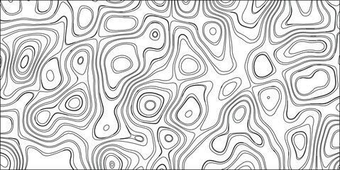 Abstract Black and White Topographic Contour Map Pattern with Organic Wavy Lines and Circular Shapes Representing Terrain or Fluid Flow for Texture and Design © Brainless