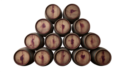 Stack of old wooden wine barrels arranged in a pyramid shape