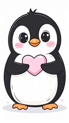 Fototapeta premium Cute Penguin Holding a Pink Heart on White Background Digital Illustration