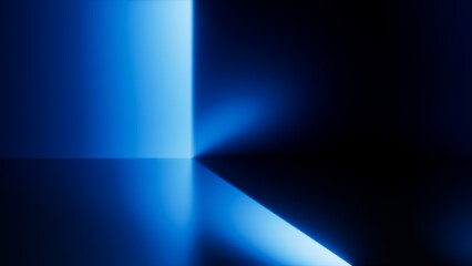 Abstract blue bands and beams bounce in a minimal futuristic interior, glowing with science fiction ambiance and crisp highlights. 3d render illustration.