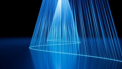 Blue laser tent with slanted beams forms an interactive, walk-through space for exhibitions. 3D render illustration.