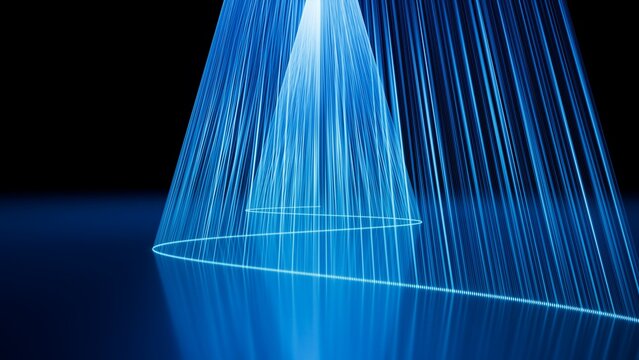 Blue laser tent with slanted beams forms an interactive, walk-through space for exhibitions. 3D render illustration.