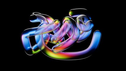 Abstract chaotic structure made of neon glass tubes or flexible hoses, isolated on black background. Colorful gradients with holographic effect. Digital 3D illustration