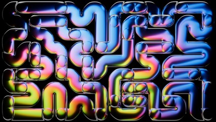 Abstract labyrinth structure made of glass tubes with neon gradient, isolated on black background. Puzzle maze with holographic effect. Digital 3D illustration