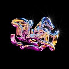 Futuristic object isolated on black background. Knot of twisted iridescent glass tubes or pipes, merged in a tangled cluster. Digital 3D illustration