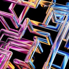 Abstract geometric background with linear maze of glass pipes reflecting neon gradients, isolated on a black backdrop. Digital 3D illustration
