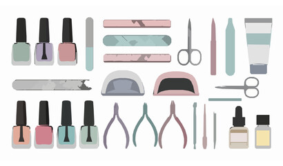 Manicure nail art tools flat vector illustration beauty salon set