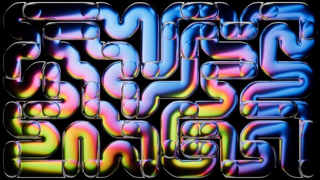 Abstract labyrinth structure made of glass tubes with neon gradient, isolated on black background. Puzzle maze with holographic effect. Digital 3D illustration