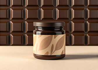 Luxury Dark Brown Glass Jar Mockup with Gold Leaf Pattern Label in Chocolate Themed and Premium Product Presentation on chocolate bar background.