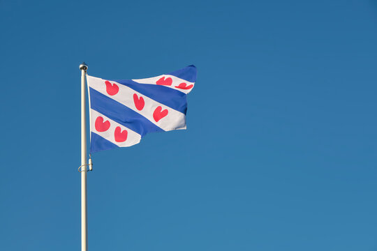  A Frisian flag waving in the wind in front of a deep blue sky. Image with copy space.