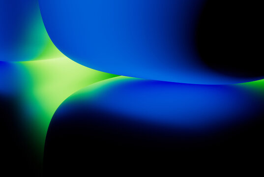 Abstract blue background with green neon light, simple geometric wallpaper. Minimalist 3d illustration