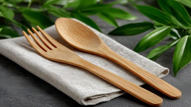 118Close-up of eco-friendly bamboo cutlery on a linen napkin, ideal for sustainable lifestyle and zero-waste concepts