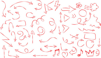 Collection of various hand drawn red arrows and doodle icons featuring directional symbols for design projects.