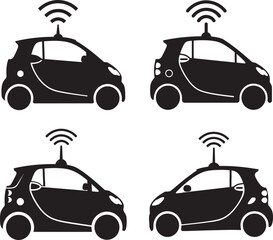 Four smart car silhouette with wifi signal symbol